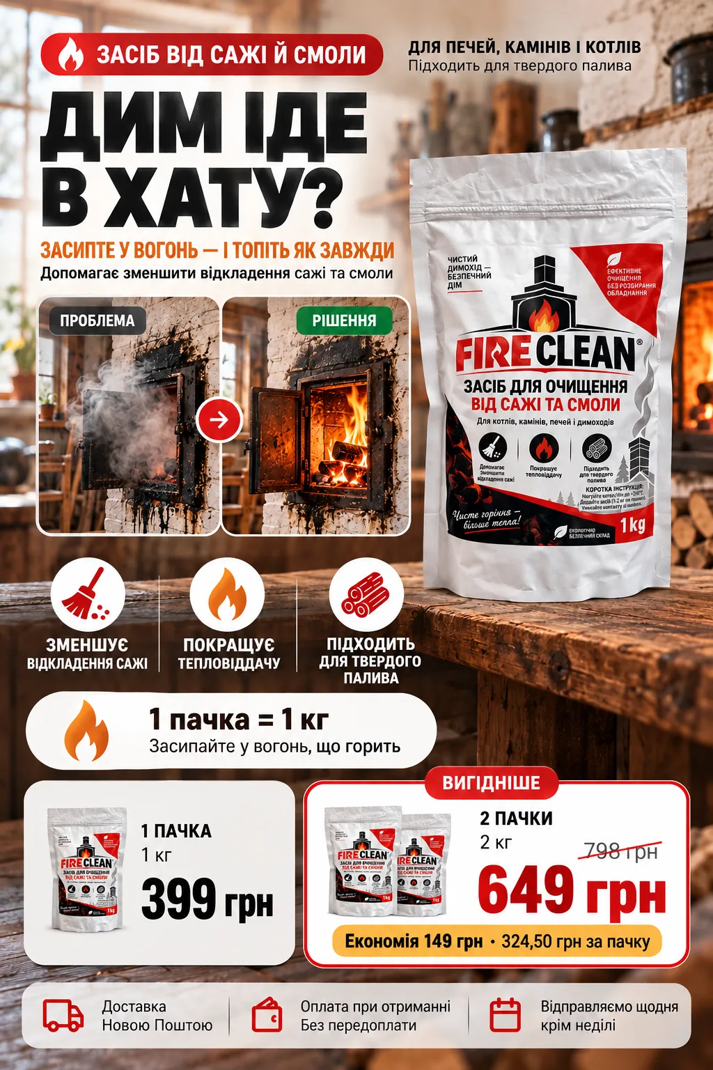 Fire Clean 1 кг — засіб від сажі та смоли для печей, камінів і котлів. 1 пачка 399 грн, 2 пачки 649 грн